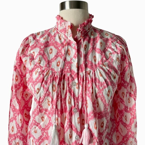 Marea Georgia Top XS Golden Hour Pink Print Cotton Tassel Tie Ruffle Blouse - Picture 5 of 9